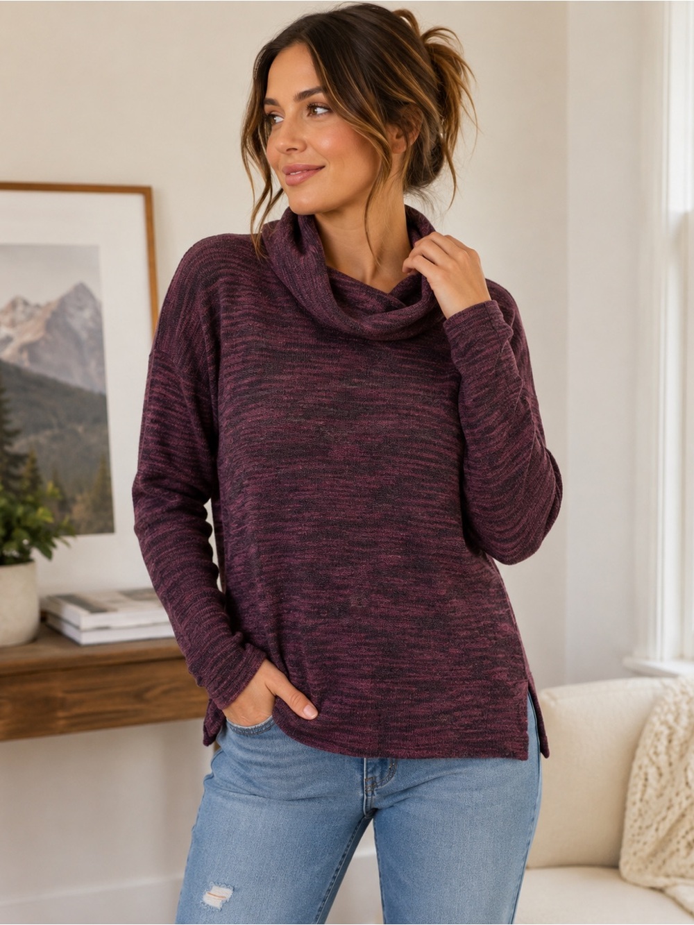 Aerie Women’s Medium Burgundy Marled Cowl Neck Sweater Soft Cozy Pullover